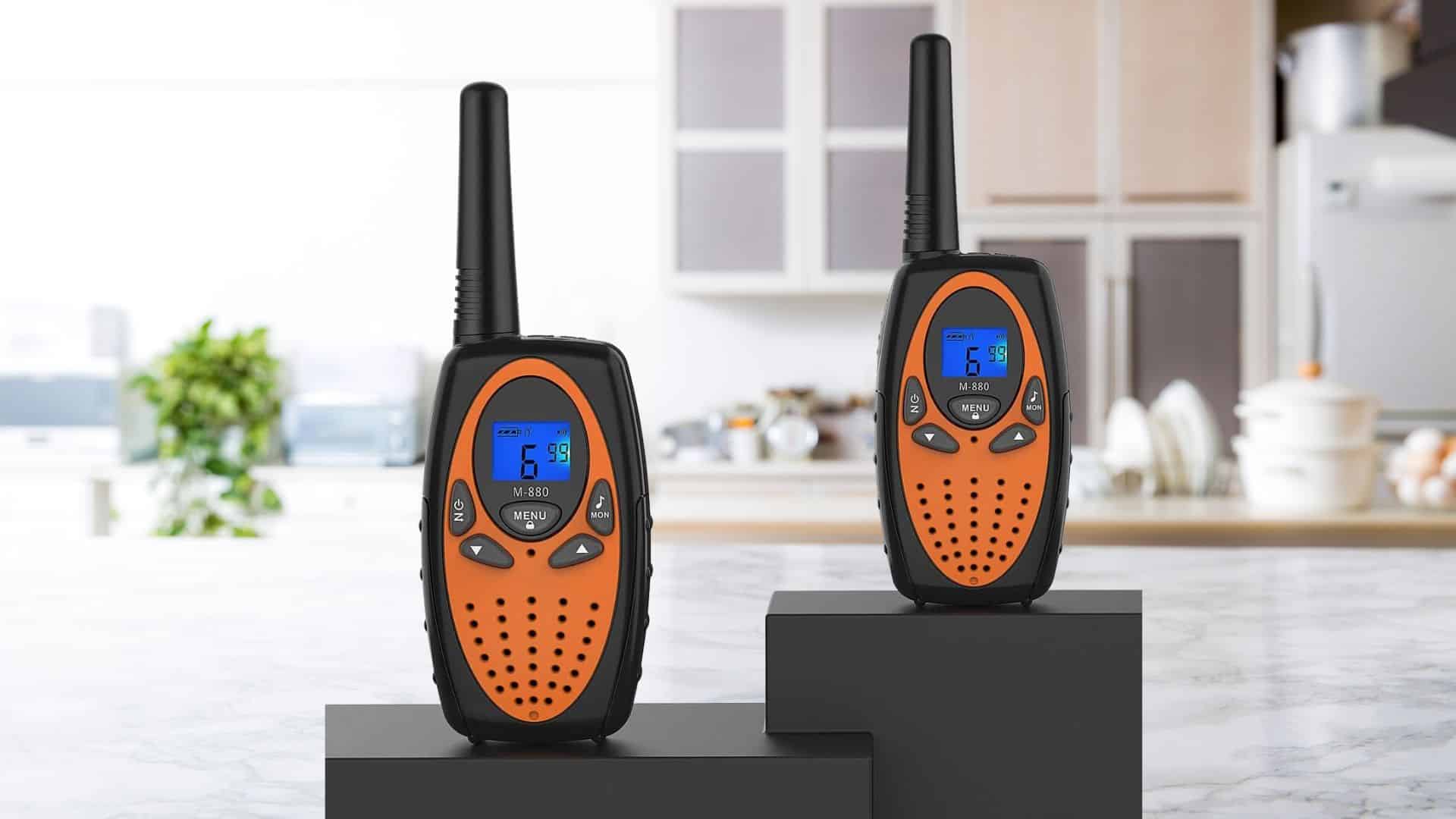 Topsung M880 FRS Walkie-Talkies on a kitchen counter