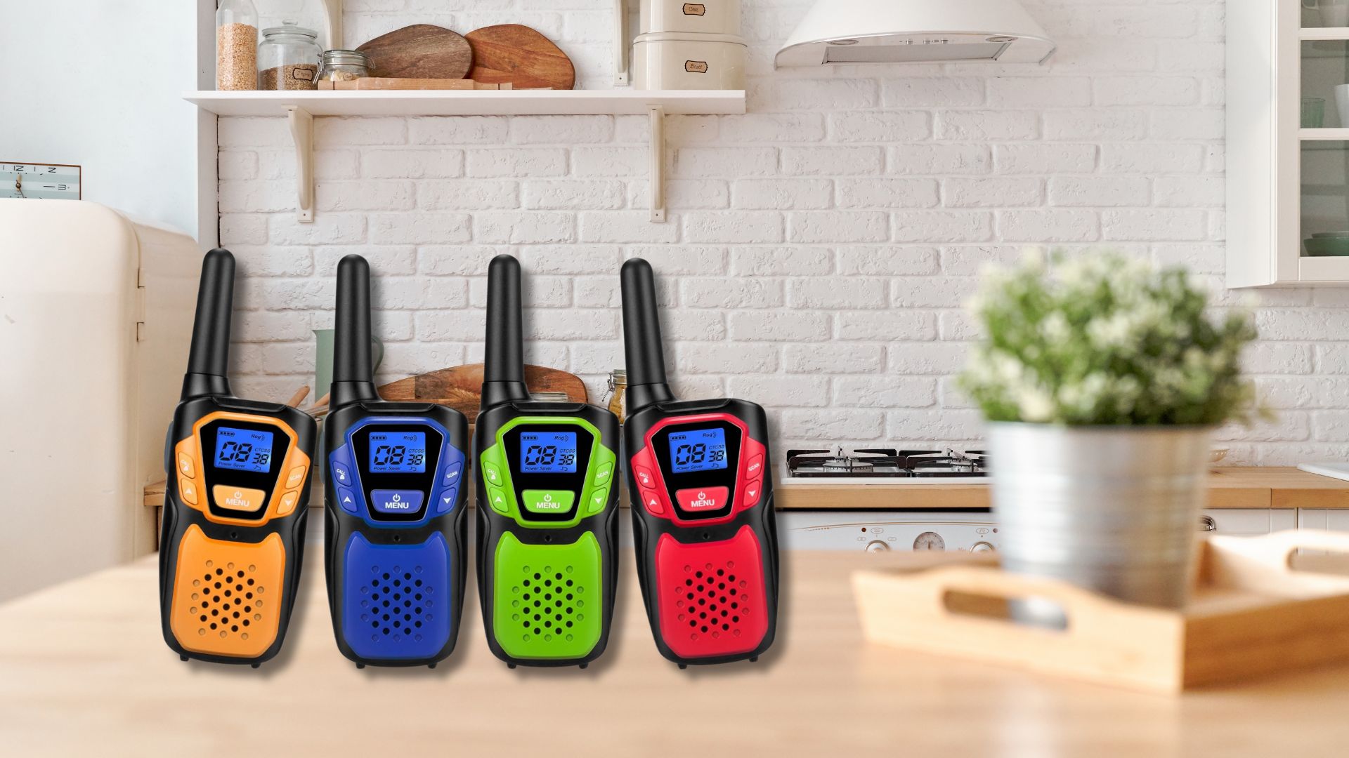 4 Topsung M920 Walkie Talkies on a kitchen counter