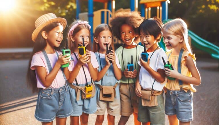 6 children holding walkie talkies in front of playground equipment