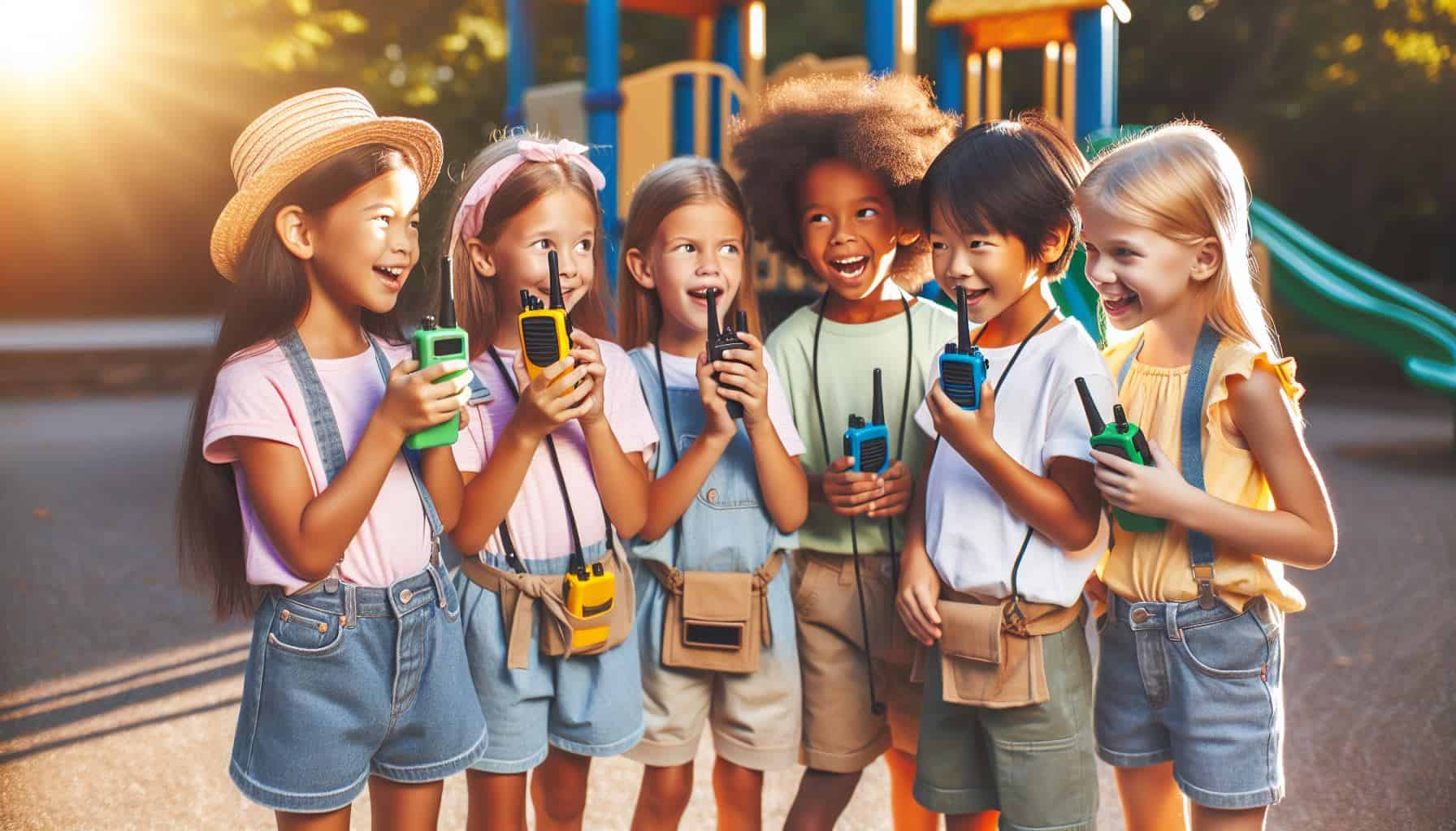 6 children holding walkie talkies in front of playground equipment