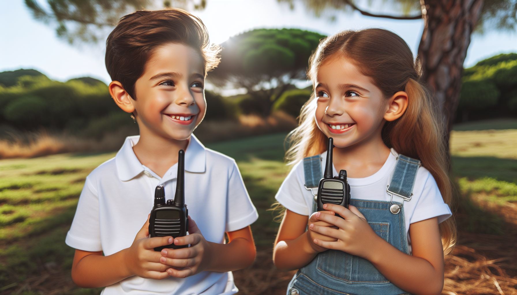 Two children outside holding walkie talkies