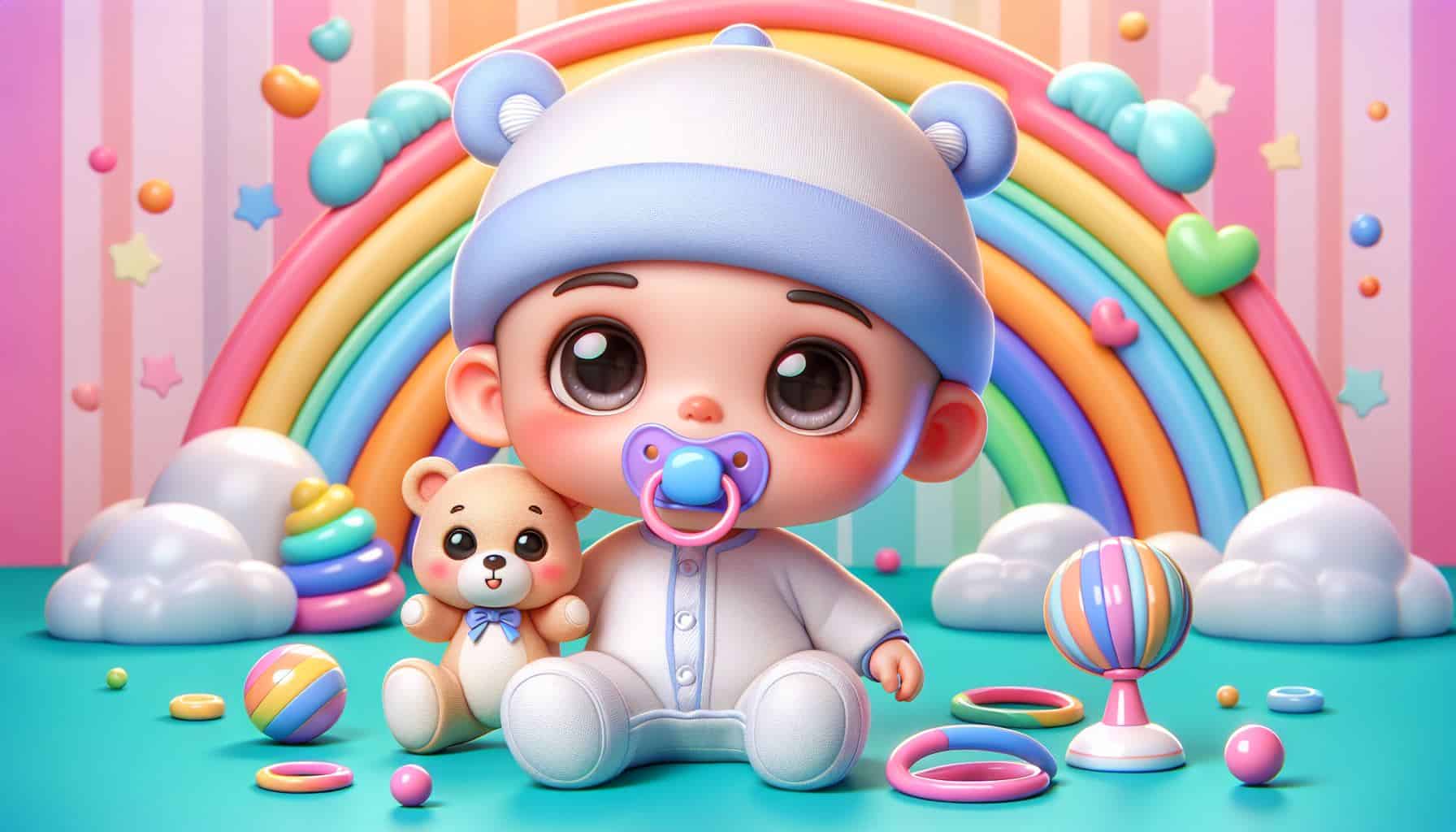 Cartoon baby with a pacifier in their mouth and a teddy bear sitting nearby