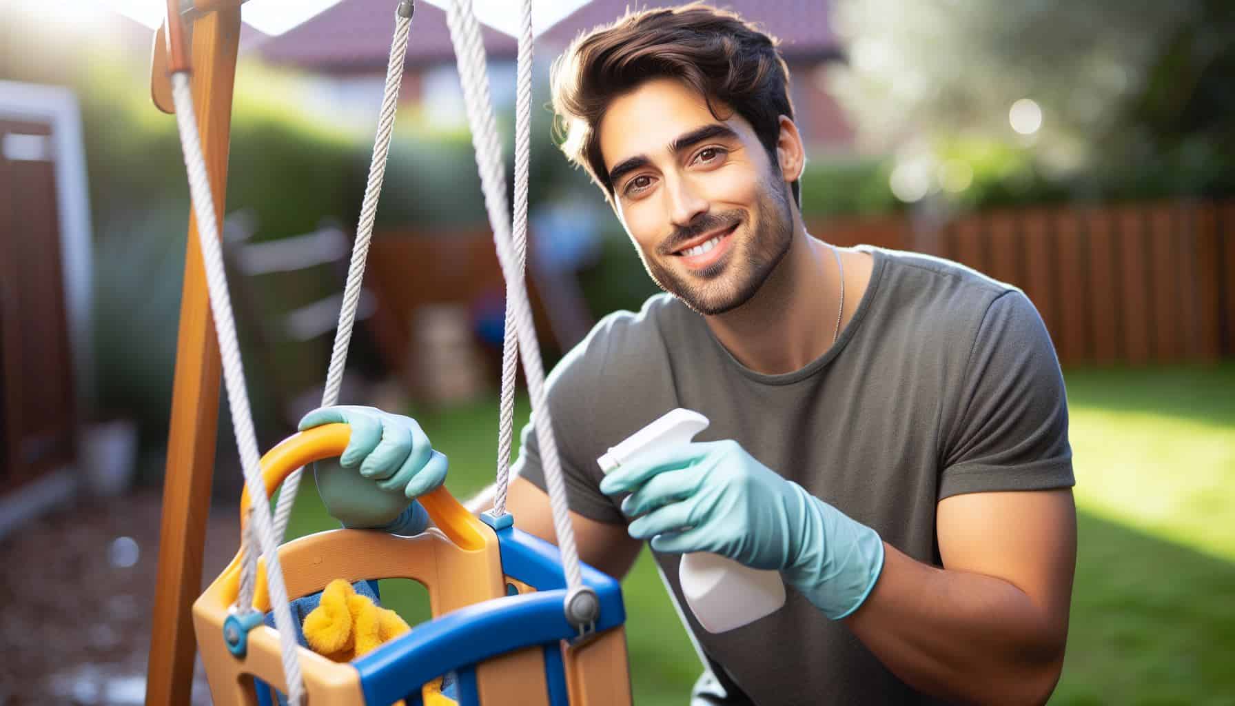 Man cleaning an outdoor baby swing