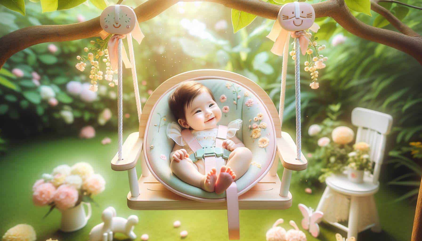 Baby swinging in an outdoor baby swing with  a chair and flowers nearby