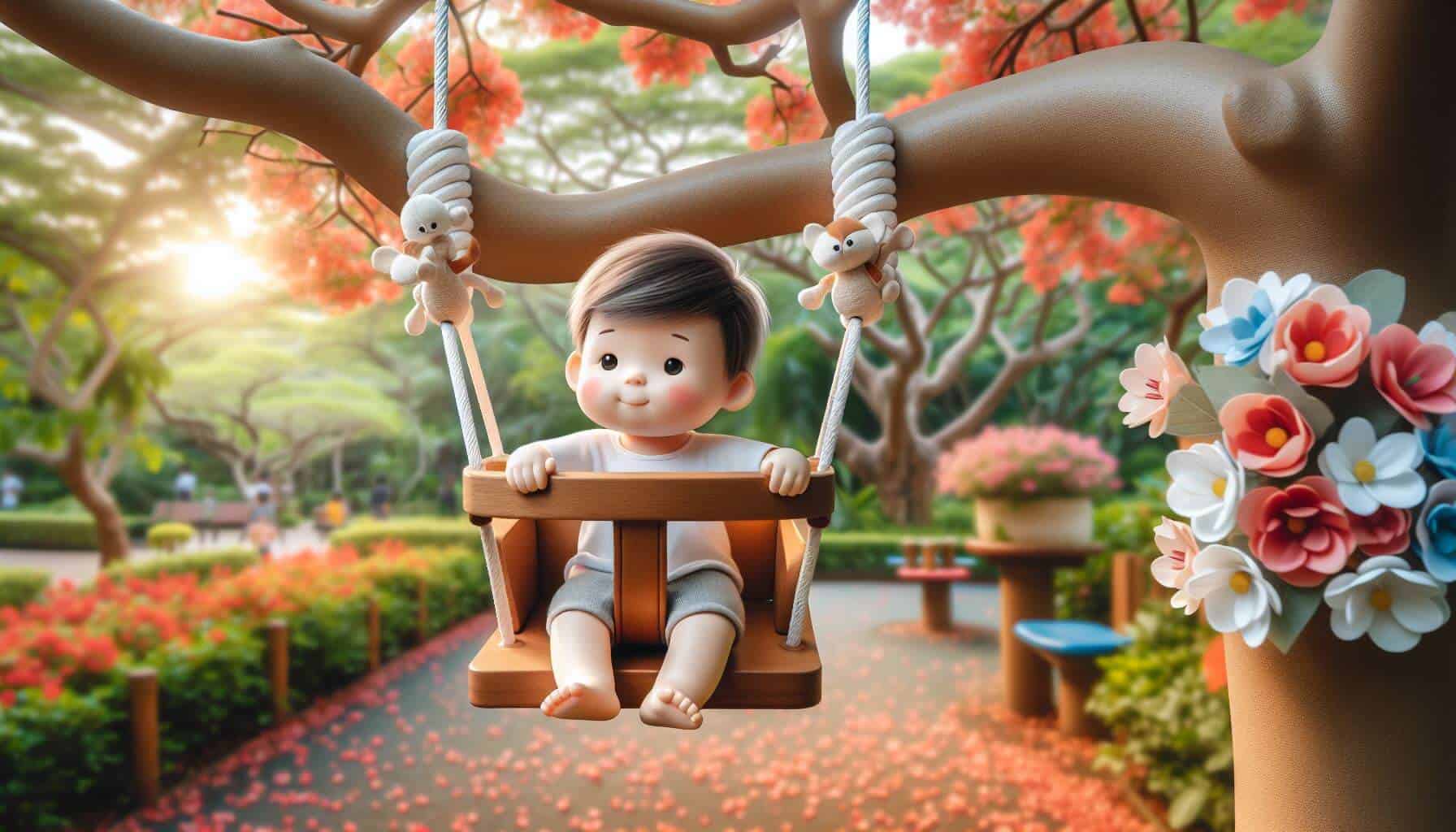 Cartoon toddler in an outdoor baby swing
