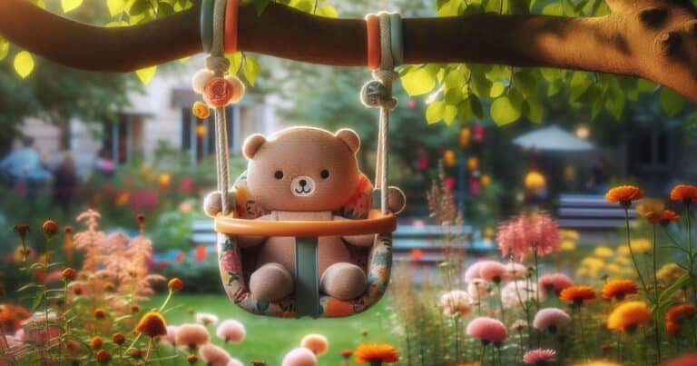 Cartoon Teddy Bear in a swing with flowers surrounding