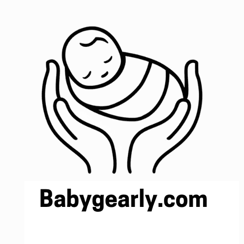 A minimalist logo design featuring hands gently holding a swaddled baby. The hands form a protective curve around the baby, with soft and smooth lines