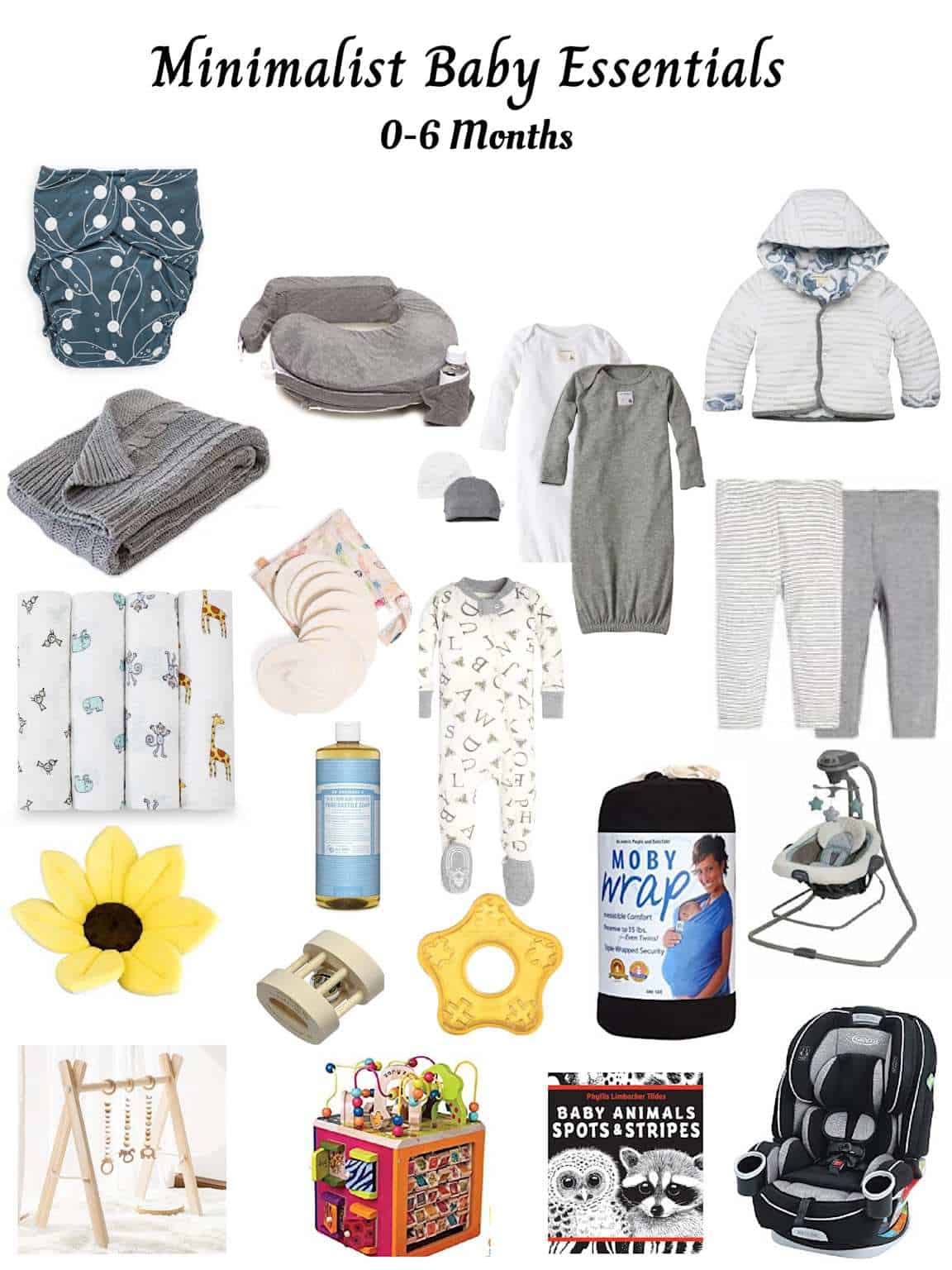 A collection of essential baby items for infants aged 0-6 months, including clothing, feeding accessories, bath products, toys, and gear, displayed in a minimalist layout