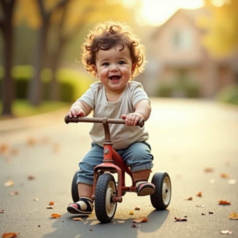 A smiling toddler sitting on a tricycle outside.