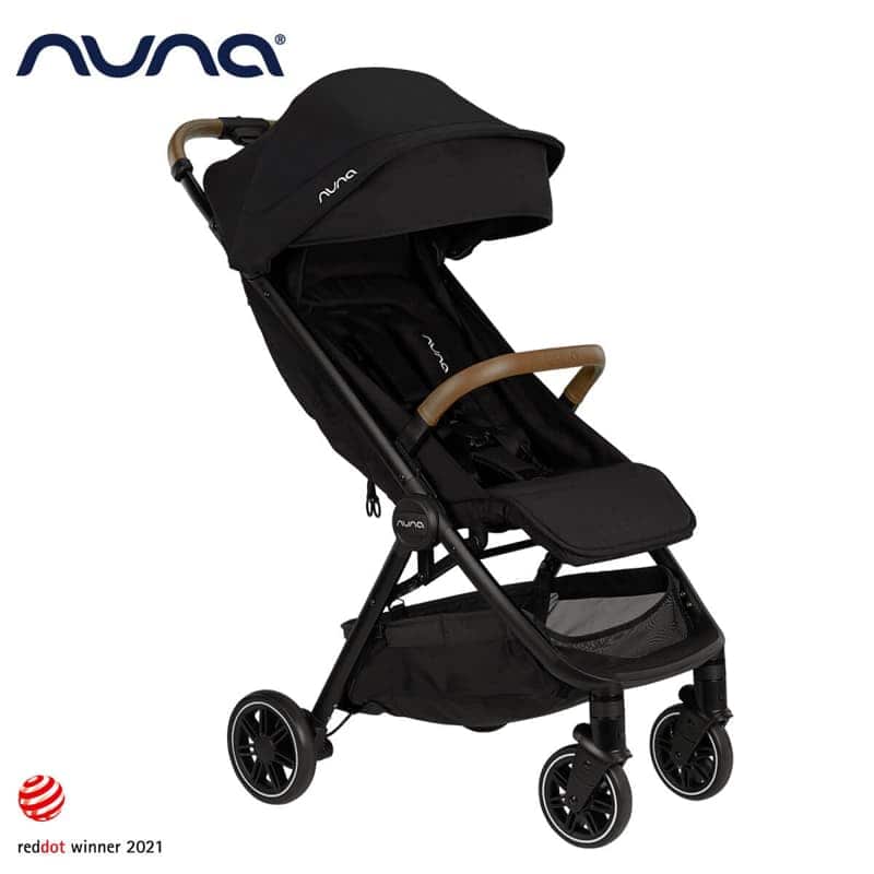 Nuna Trvl™ lightweight baby stroller in black with Red Dot Design Award 2021 logo evitas